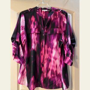 CALVIN KLEIN 1X Women's Plus Pink and Black abstract blouse with roll tab sleeve